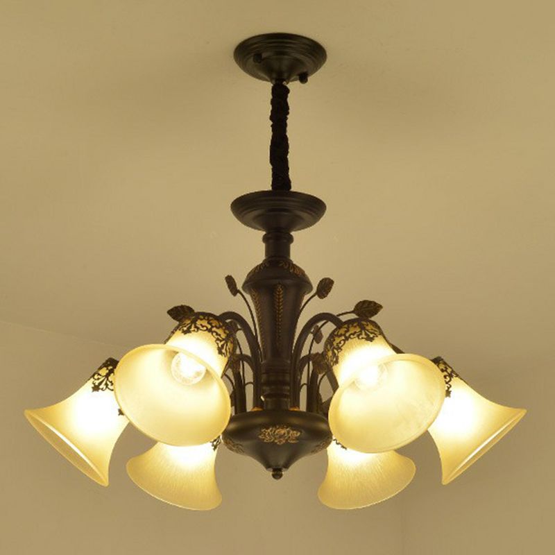 Flared Shade Beige Glass Chandelier Light Classic Living Room Pendant Ceiling Light in Black