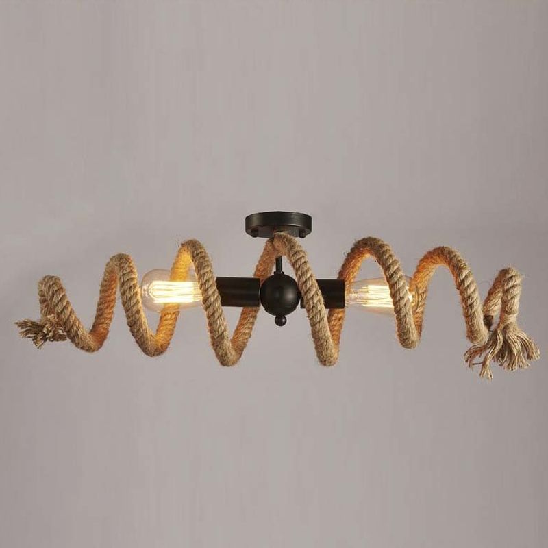 2-Light Swirl Semi Flush Mount Lighting with Open Bulb Industrial Black Metal and Hemp Rope Ceiling Light Fixture