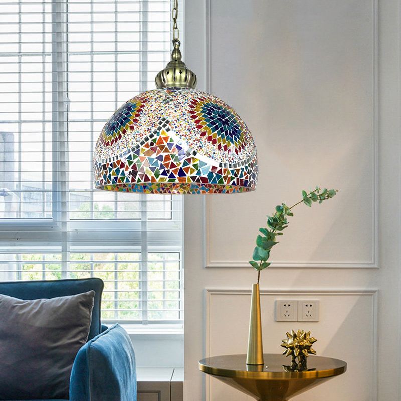 Dome Stained Art Glass Pendant Light Traditional 1 Head Living Room Hanging Ceiling Light in Blue/Green