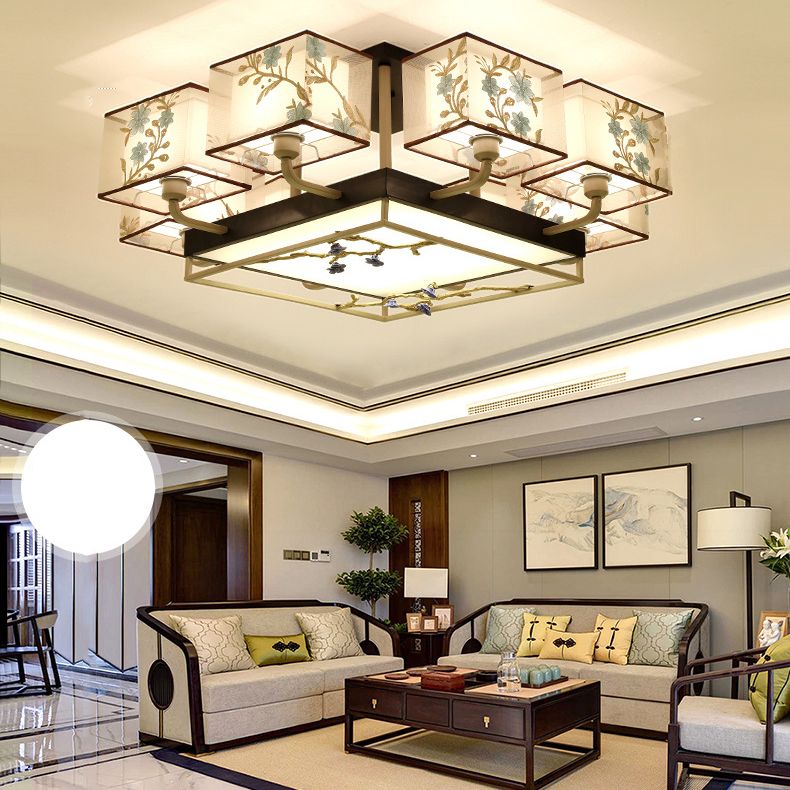 Brown Sputnik Ceiling Light in Traditional Classic Style Wrought Iron Flush Mount with Fabrics Shade