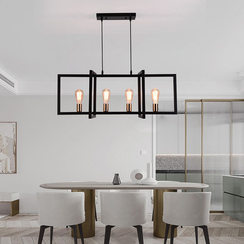 Rectangular Diner Hanging Lamp Industrial Metal 4-Bulb Black Cage Island Lighting