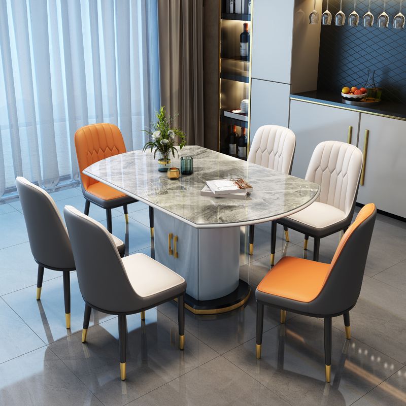 Modern Extendable Dining Table Grey Round Stone Tabletop with Storage