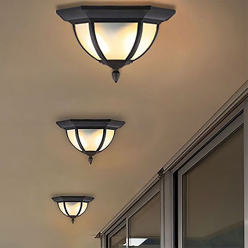 Industrial Bowl Flush Ceiling Light Opal Glass 2 Lights Outdoor Flush Mount in Black