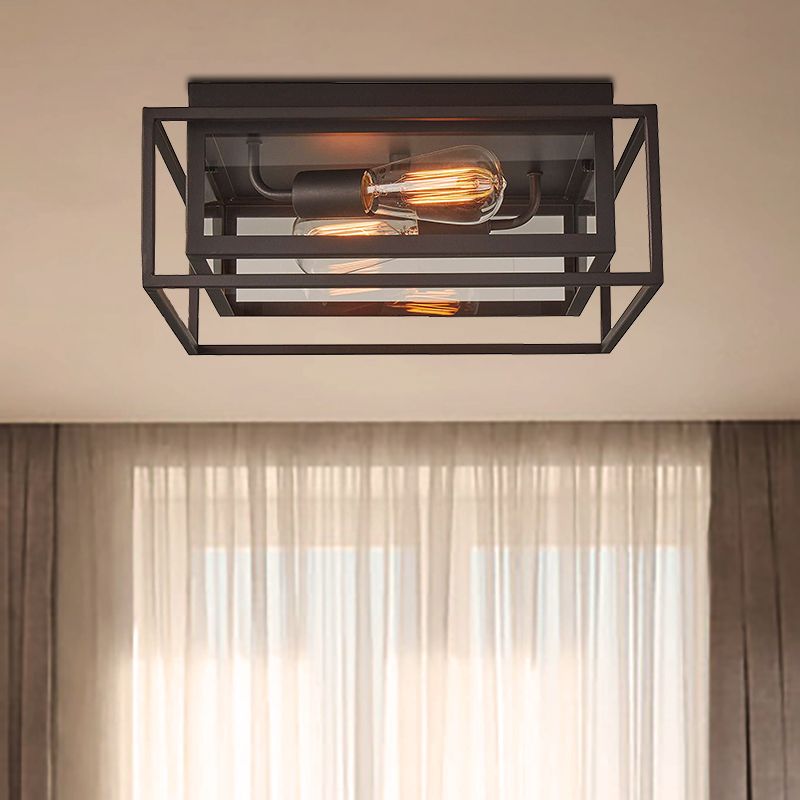 2 Lights Indoor Flush Ceiling Light Vintage Style Black Flush Mount Lamp with Squared Frame Clear Glass Shade