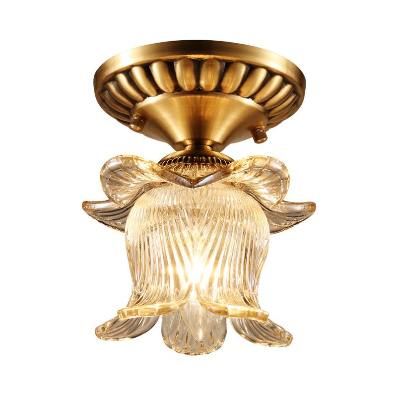 Flower Semi Flush Mount Traditional Clear Ribbed Glass 1 Bulb Brass Ceiling Mount Chandelier
