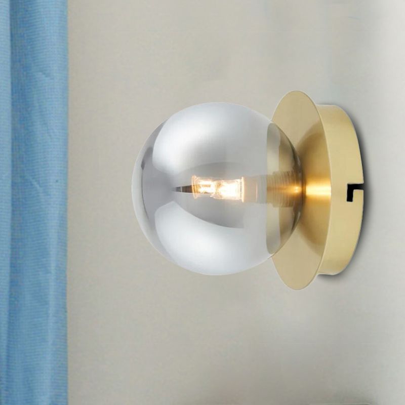 Single Bedroom Wall Sconce Light Simplicity Golden Wall Light Fixture with Smoke Grey Sphere Glass Shade