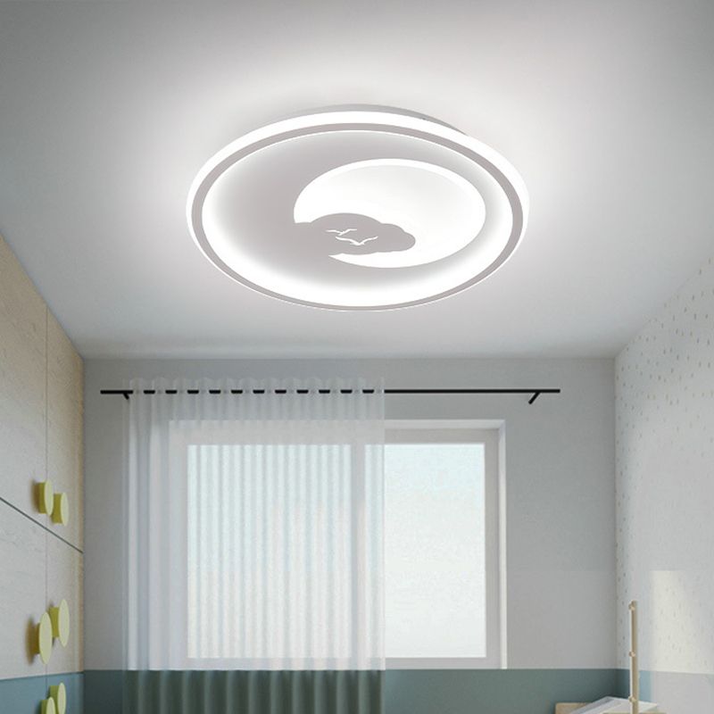 Pink/White Circle LED Ceiling Fixture Modern 16"/19.5" Dia LED Acrylic Flush Mount Light with Moon and Bird Pattern, Warm/White Light