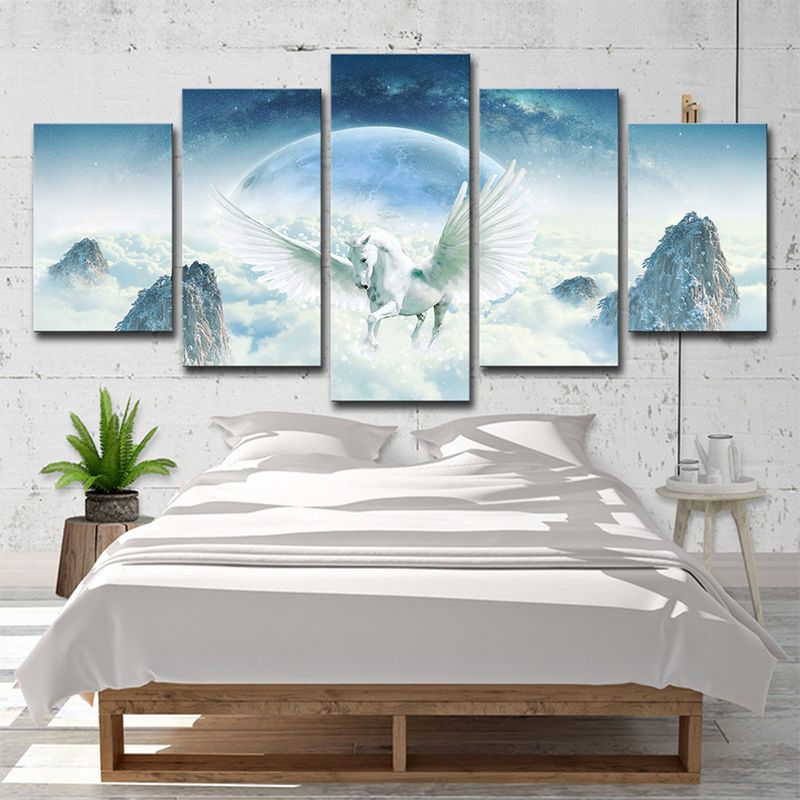 Fairy Tale Unicorn Wall Art Kids Multi-Piece Canvas Print in Blue and White