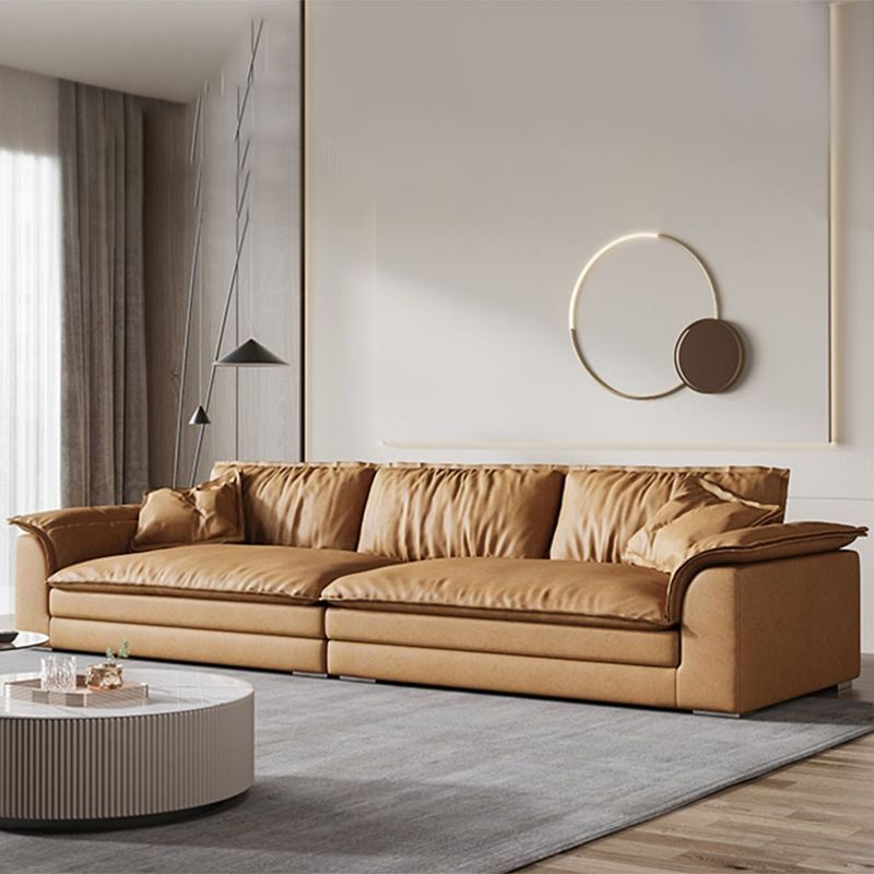 Modern Faux Leather Brown Sofa Pillow Top Arm Cushions Sofa & Chaise