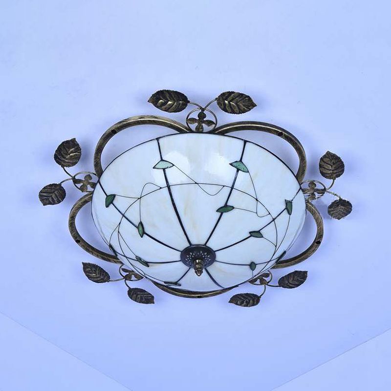 Bowl Flushmount Light Tiffany Stained Glass 3 Bulbs Flush Mount Ceiling Fixture with Leaf Decoration in White/Blue/Green-White/Blue-Green