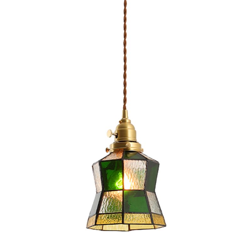Stained Glass Shade Tiffany Hanging Light Brass Bedroom Mini Pendant Lamp with 63" Hanging Wire