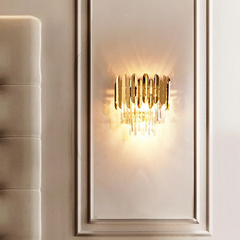 Brass Tiered Flush Wall Sconce Postmodern 3 Lights Crystal Wall Lighting for Bedroom