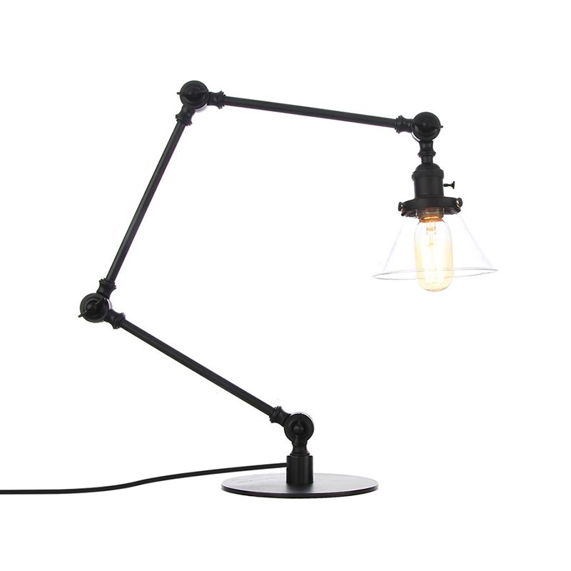 Table conique de style industriel clair Ambre / verre transparent et métal 1 lampe de table de chambre à coucher légère avec bras réglable en noir / laiton
