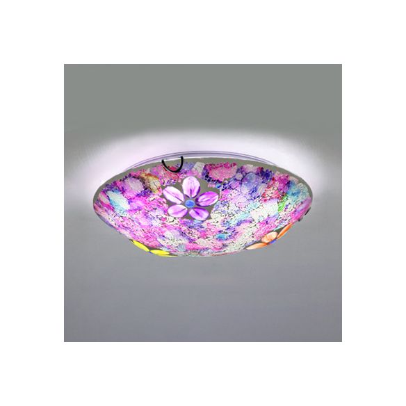 Plafonnier rond de style Tiffany en verre teinté, plafonnier encastré à 1 ampoule avec motif floral en violet/rose