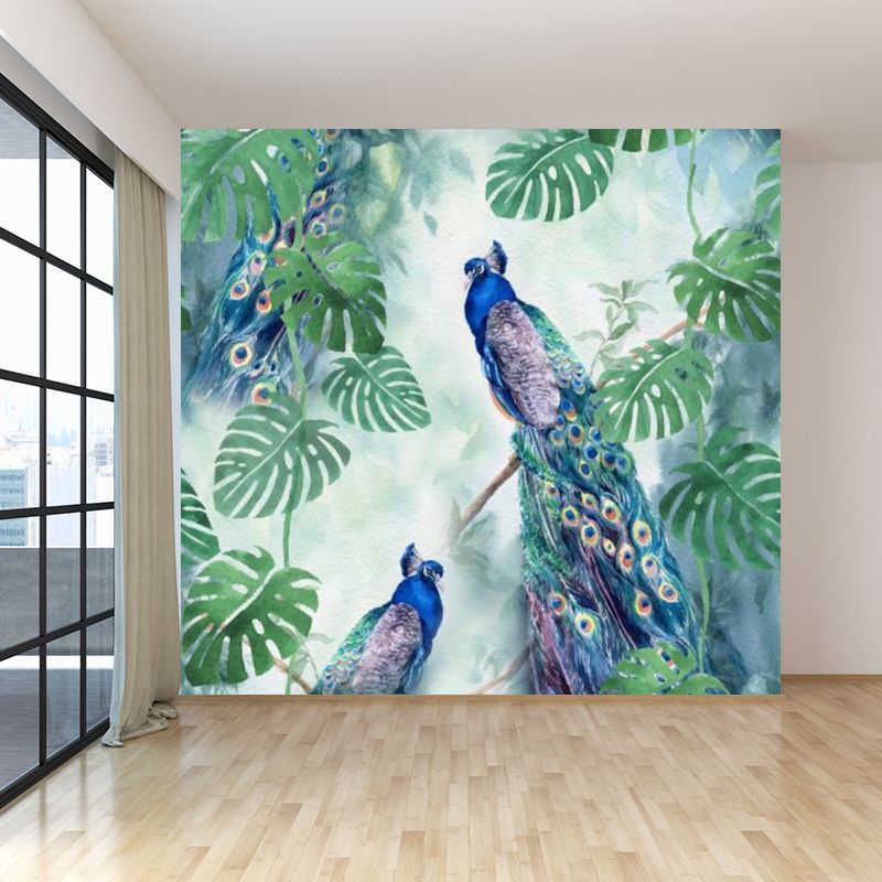 Large Peacock Wall Paper Mural Stain Resistant Modern Bedroom Wall Decor in Green