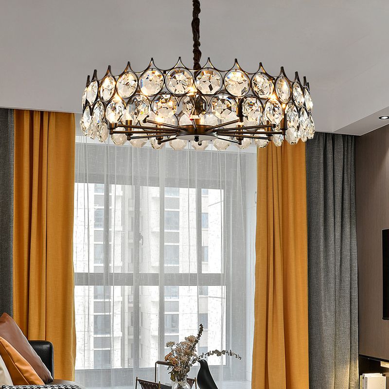 Black Circle Pendant Chandelier Country Clear Crystal Living Room Suspension Light with Sputnik Design