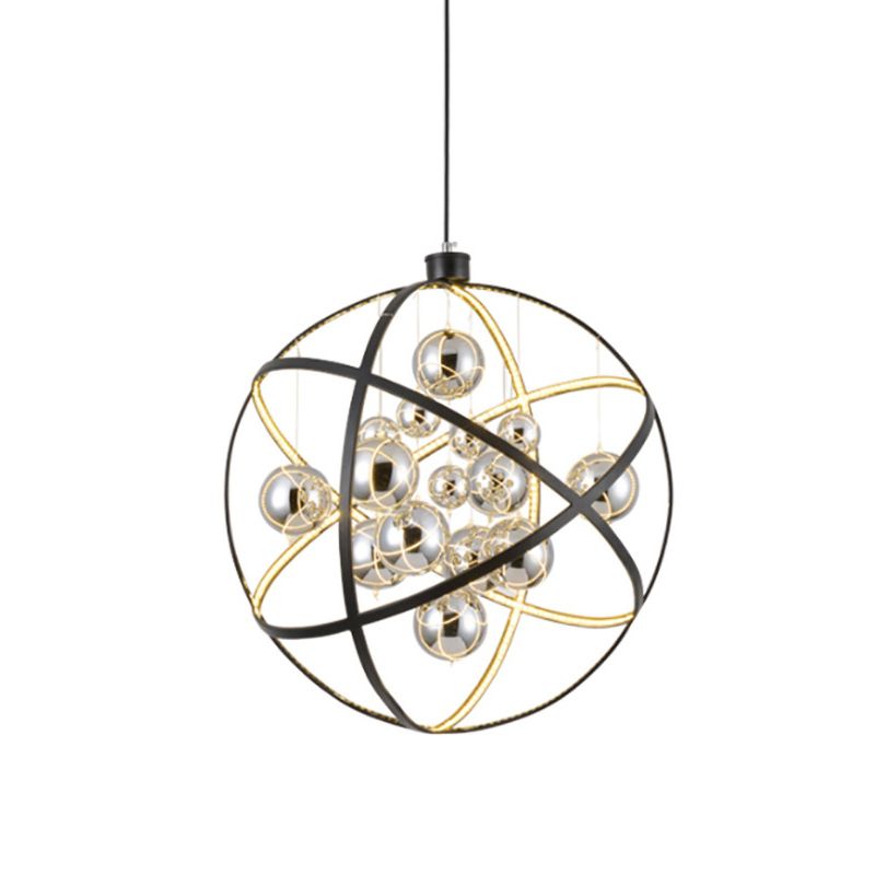 19.5"/31.5" W Black LED Pendant Chandelier Industrial Iron Globe Ceiling Hang Light with Ball Chrome Glass Shade