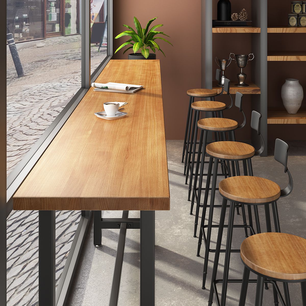 Modern 1/7 Pieces Bar Table Set Rectangle Pine Wood Counter Table with Stools for Shop