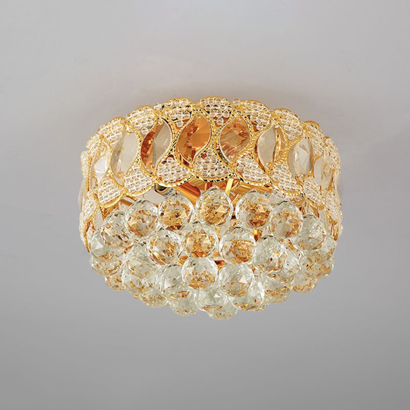 Drum Shade Crystal Orb Flush Mount Lamp Rustic 3-Head Bedroom Ceiling Light Fixture in Gold