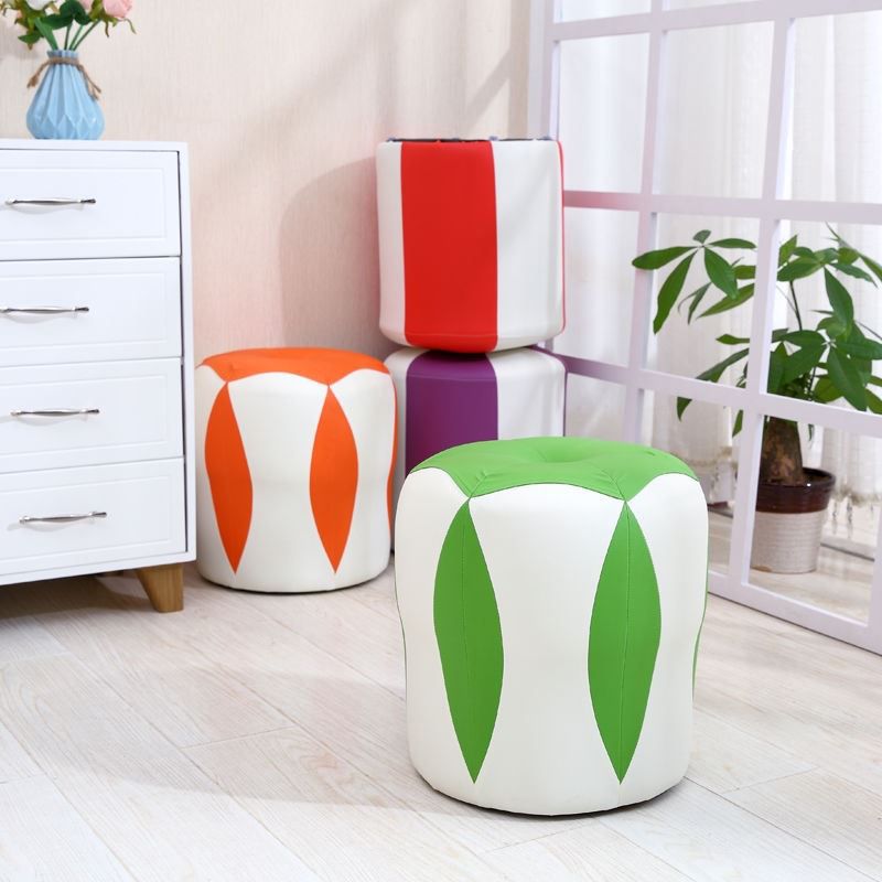 Modern Water Resistant Pouf Round Color Block Leather Indoor Pouf