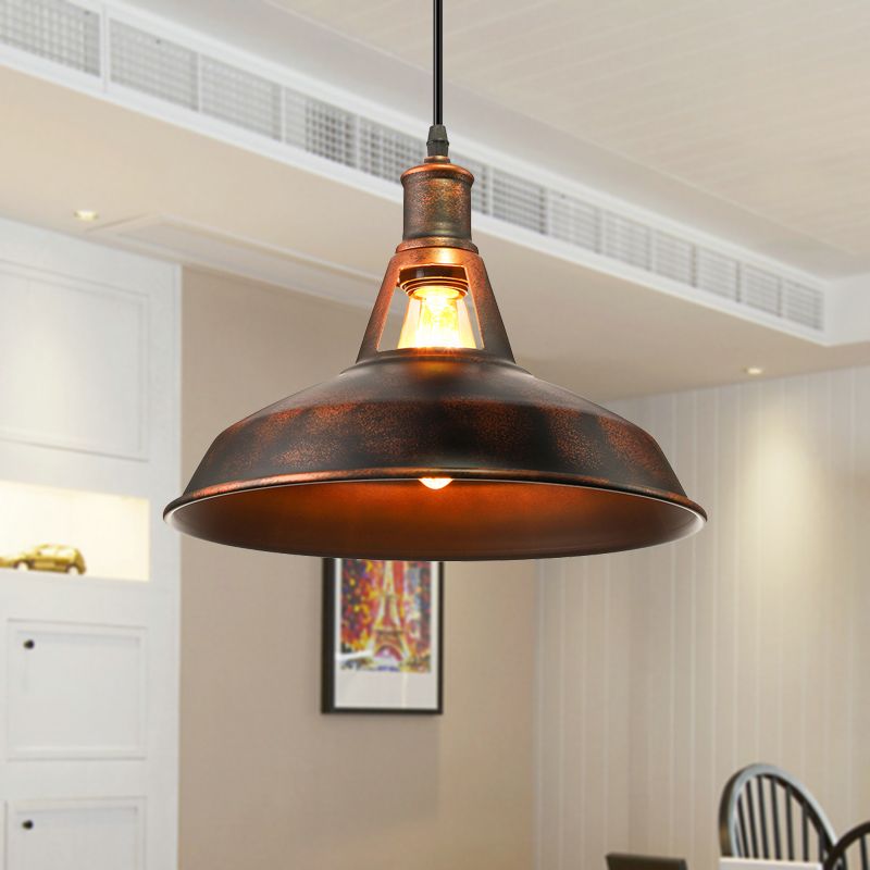 Metal Rust Pendant Light Fixture with Barn Shade 1 Bulb Rustic Style Hanging Lamp with Adjustable Cord, 10.5"/12"/15" Width
