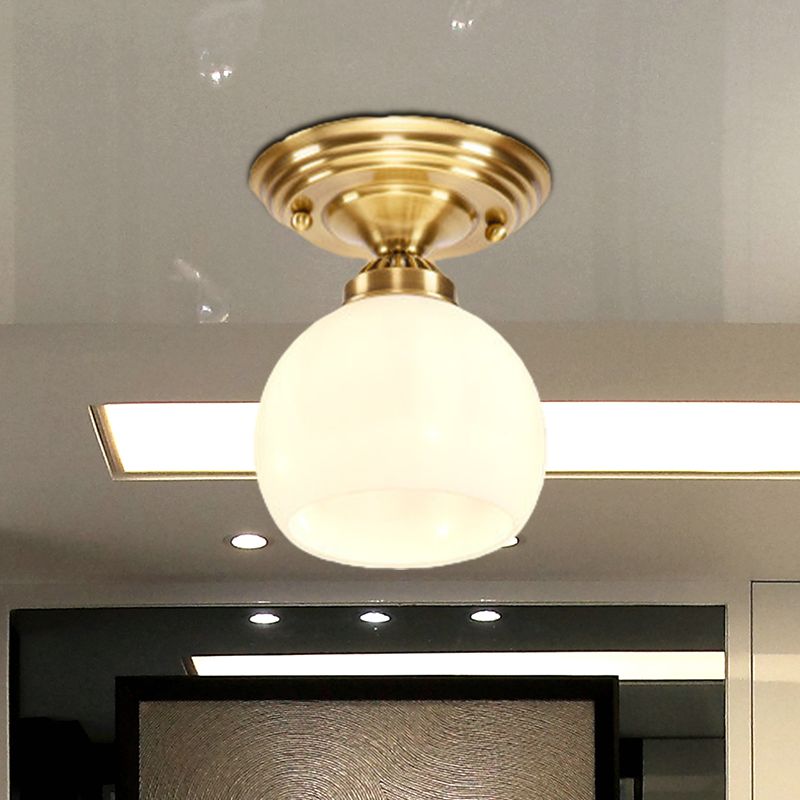 Globe/Cone White Glass Flush Mount Lamp Classic 1 Light Corridor Ceiling Lighting in Brass