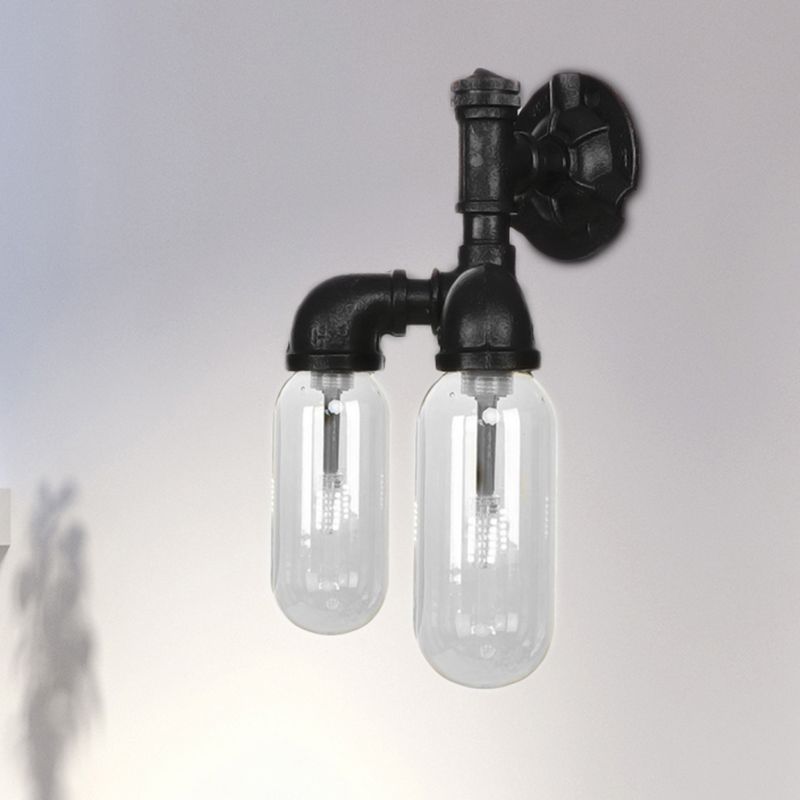 Capsule Shade Bedroom Wall Light Fixture Industrial Metal 2 Lights Black Sconce Lamp with Pipe Design
