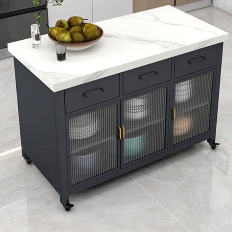 Modern Faux Marble Rectangle Kitchen Cart with Metal Base and Drawers