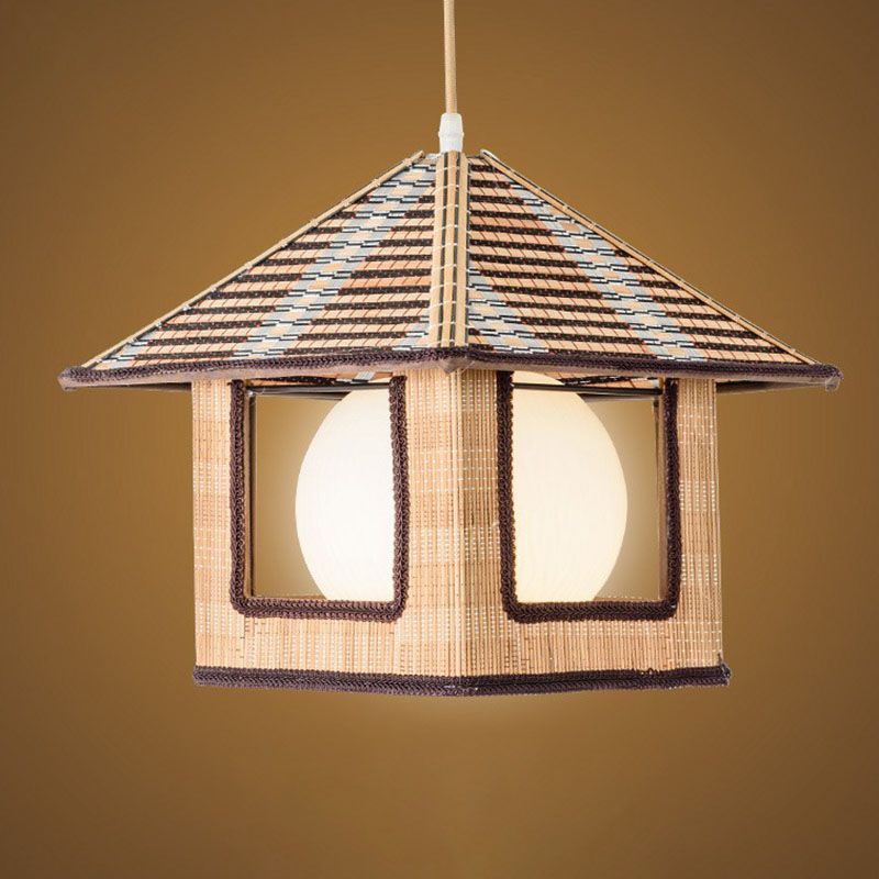 Asian Lodge Pendant Light Kit Bamboo Single Bedside Hanging Lamp in Wood with Dome Milk Glass Shade Inside