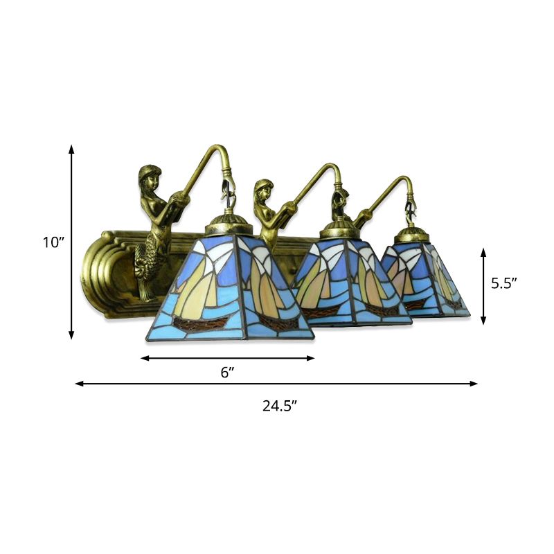 3 Heads Sailboat Sconce Light Fixture Mediterranean Blue Glass Wall Mounted Light