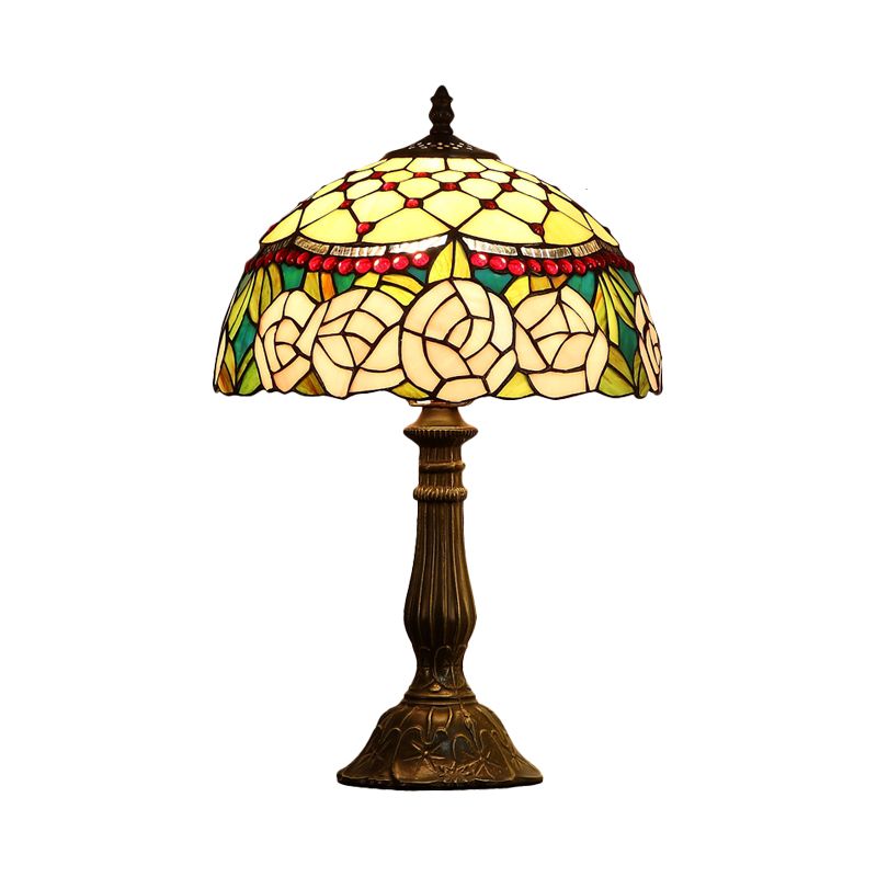 Single Living Room Nightstand Lamp Baroque Bronze Table Light with Beaded Roseborder Stained Glass Shade