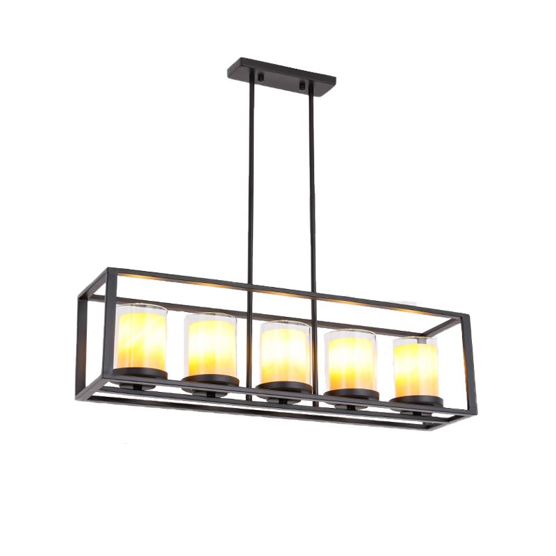Cylinder Dining Room Pendant Light Vintage Glass 3/5/6 Lights Island Lighting with Black Frame