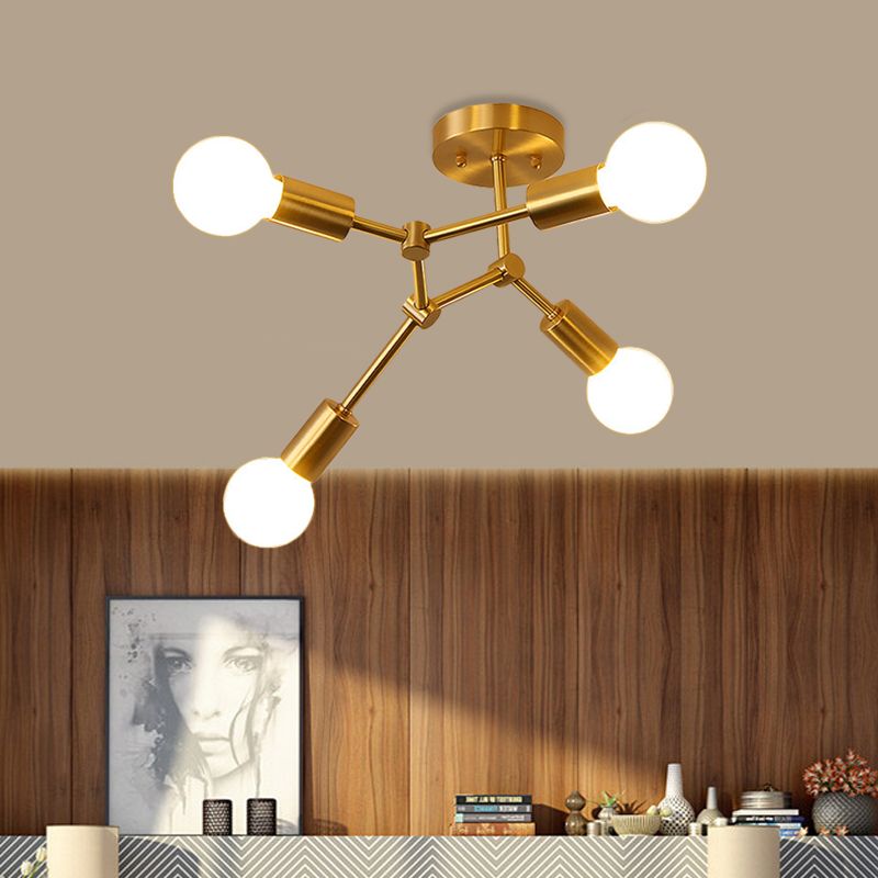 Rotating Molecule Exposed Ceiling Flush Postmodern Metal 3/4-Light Corridor Semi Mount Lighting in Brass