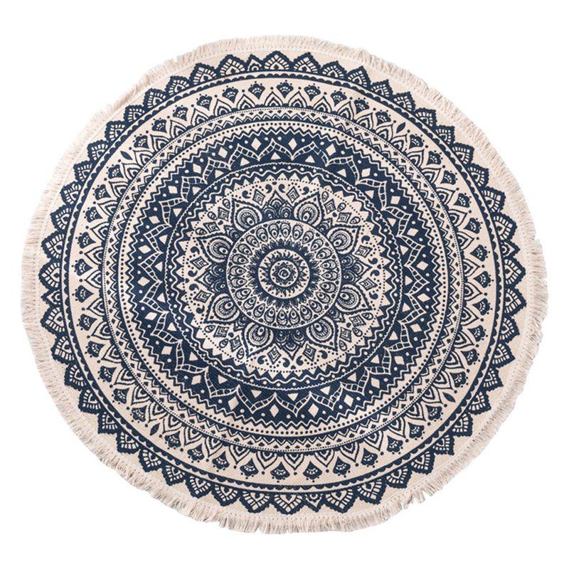 Round White Tone Modern Indoor Rug Cotton Symmetrical Pattern Carpet Easy Care Rug for Home Decoration