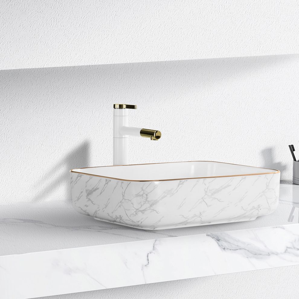 Contemporary Bathroom Sink Pop-Up Drain Porcelain Solid Color Rectangular Vessel