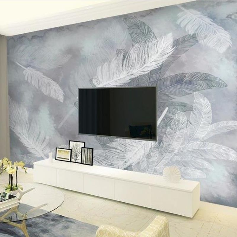 Feather Mural Wallpaper in Pastel Grey, Minimalist Wall Covering for Guest Room Decoration