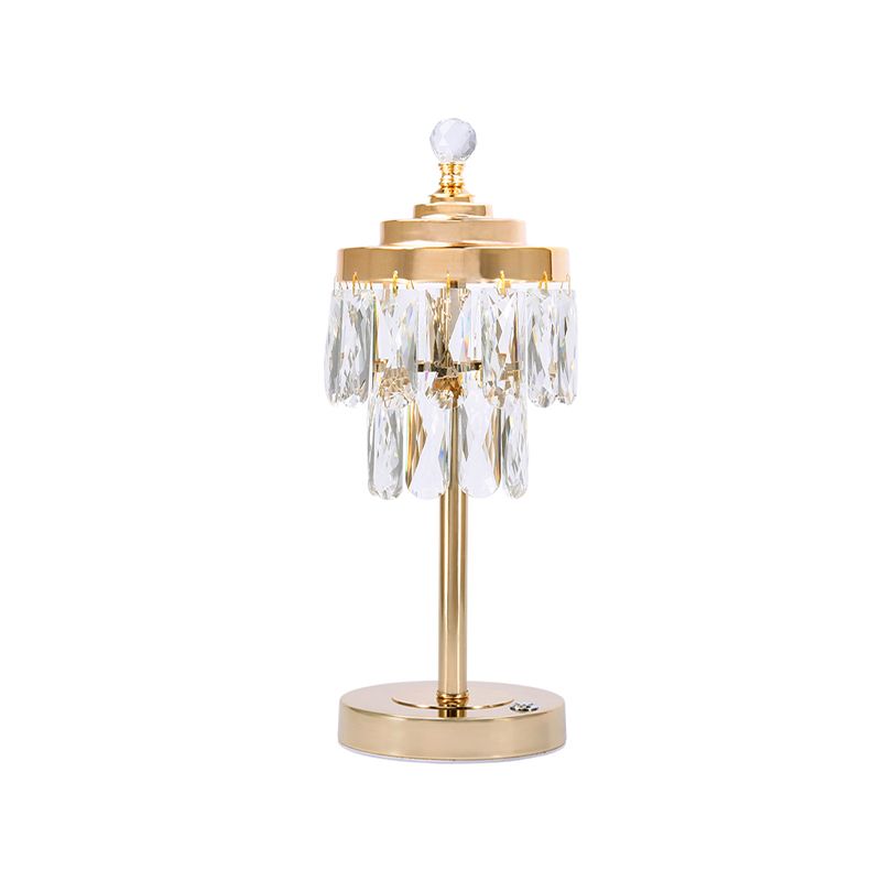Gold LED Table Light Vintage Beveled Crystal Prism 2 Tiers Night Stand Lamp for Bedroom