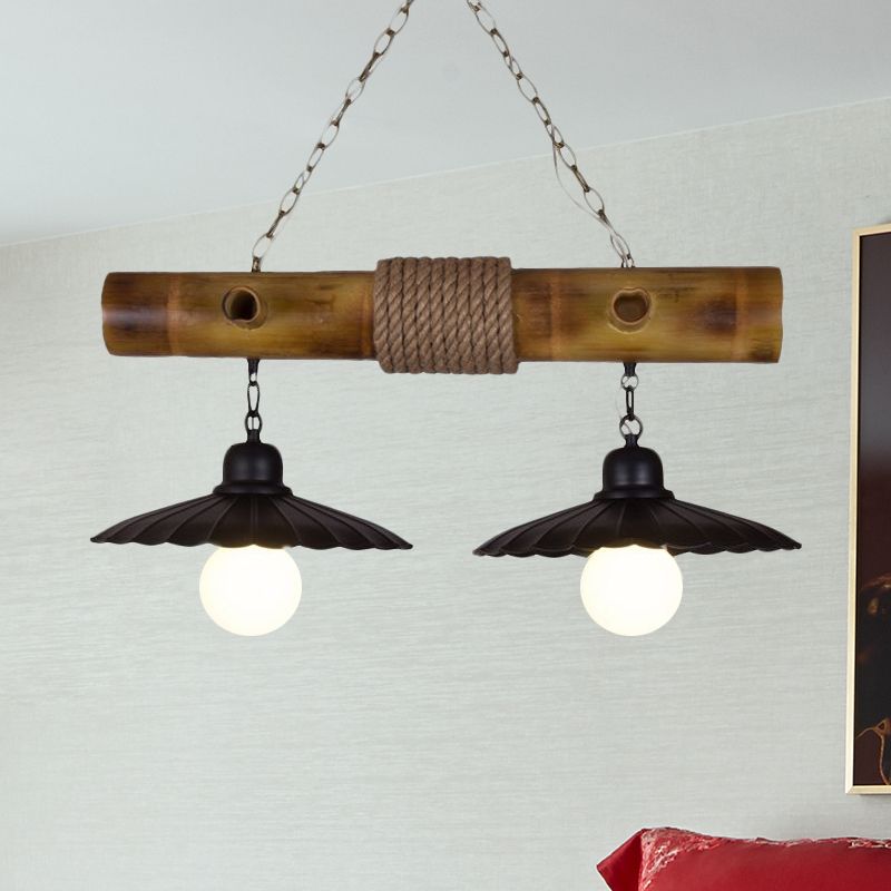2 Heads Scalloped Hanging Lamp Countryside Black Rope and Bamboo Island Lighting for Dining Room