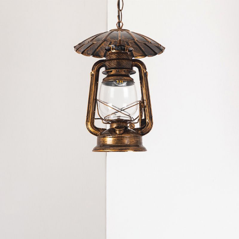 1-Head Hanging Lamp Coastal Restaurant Metal Pendant Lighting with Kerosene Clear Glass Shade in Brass/Copper