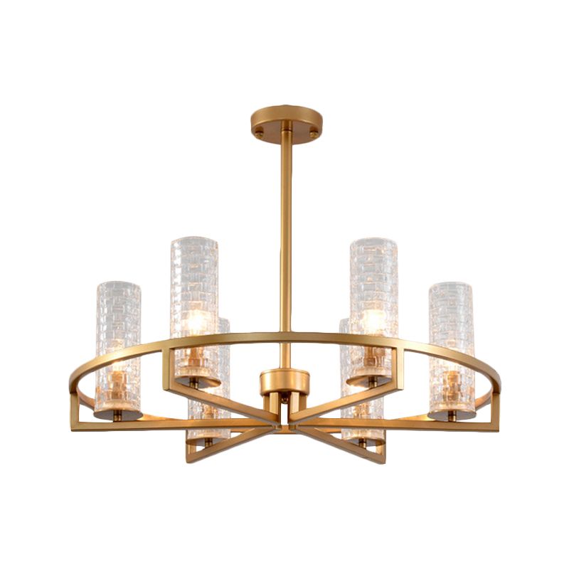 Gold Cylinder Chandelier Lamp Traditional Clear Ribbed Glass 6/8/10 Lights Living Room Hanging Light with Wheel Design