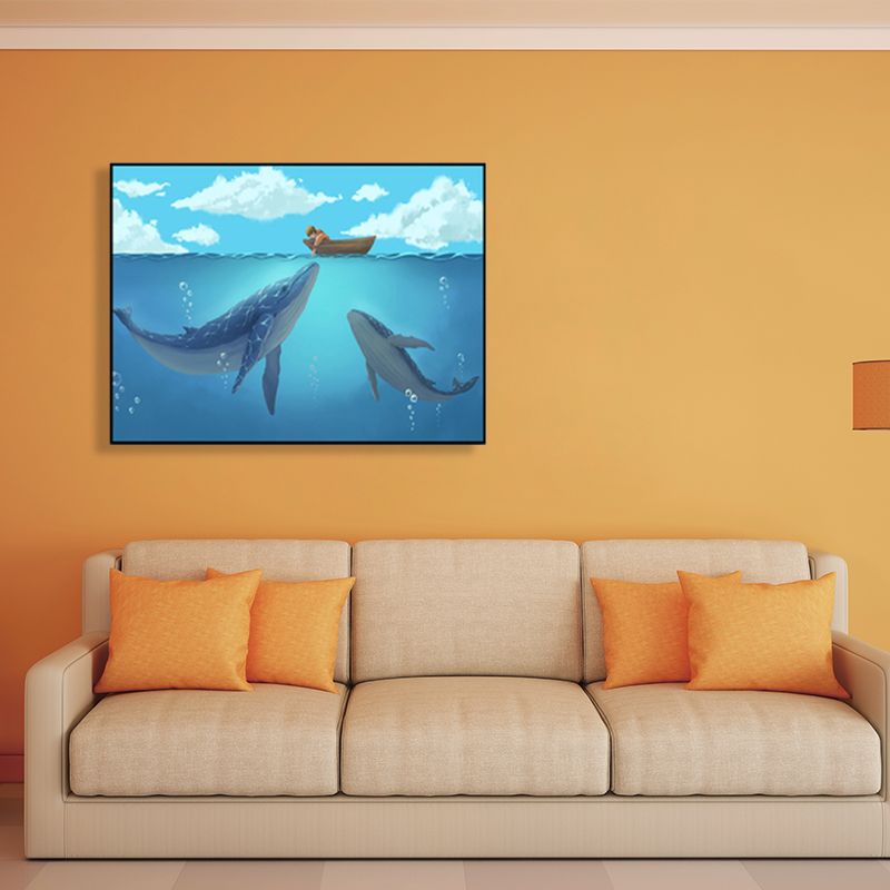 Textured Whale Canvas Wall Art Cartoon Wall Decoration for Sitting Room, Soft Blue