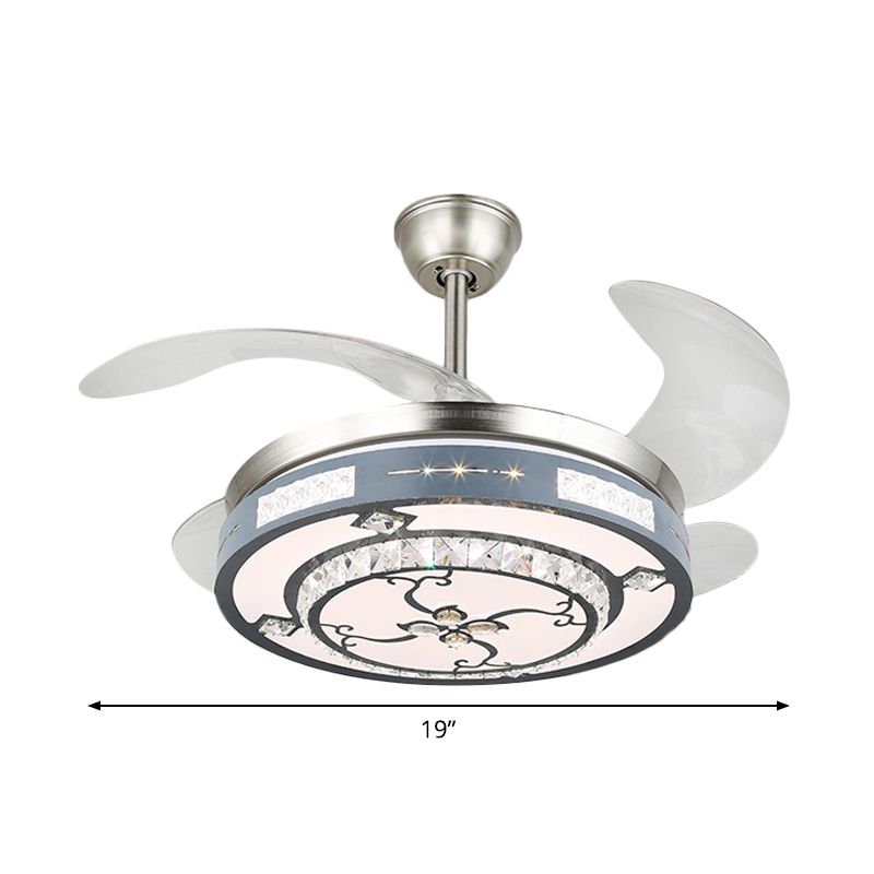 Runde Hanging Lüfterlampenlampe Moderne Kristall 19 "breites LED Silber Semi Flush Mount Light, 4 Klingen