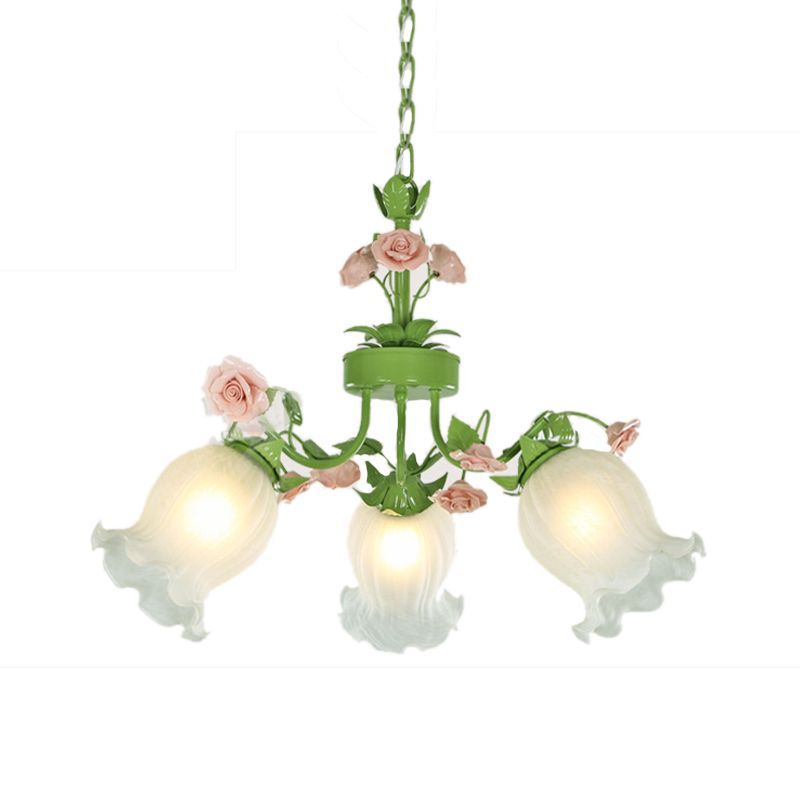 Pastoral Flower Hanging Pendant 3/5 Heads White Glass Chandelier Lighting Fixture in Green for Living Room