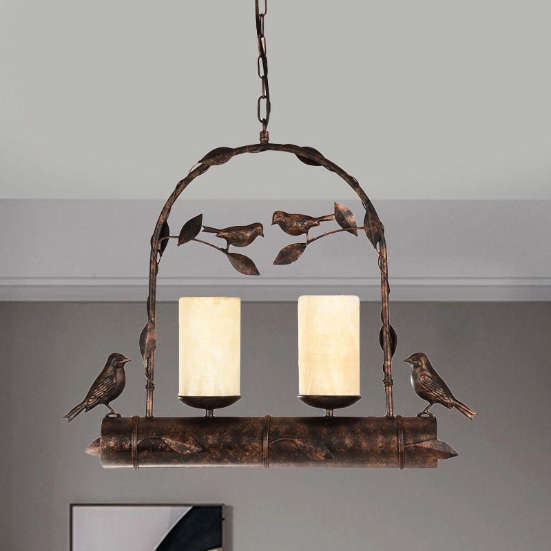 2 lumières Pendante lustre vintage Bird Cage Metal Hanging Lamp Kit avec cylindre Opal Glass Shade in Antique Black