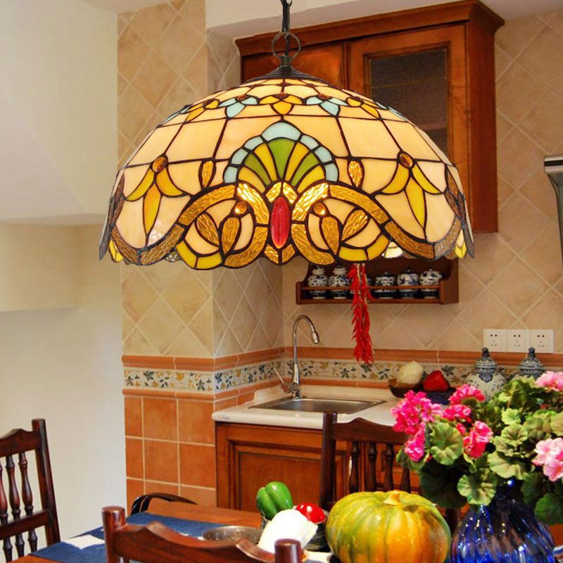 2 têtes Pendre lustre Light Light Retro Style Bol vitrail de la lumière suspendue en beige
