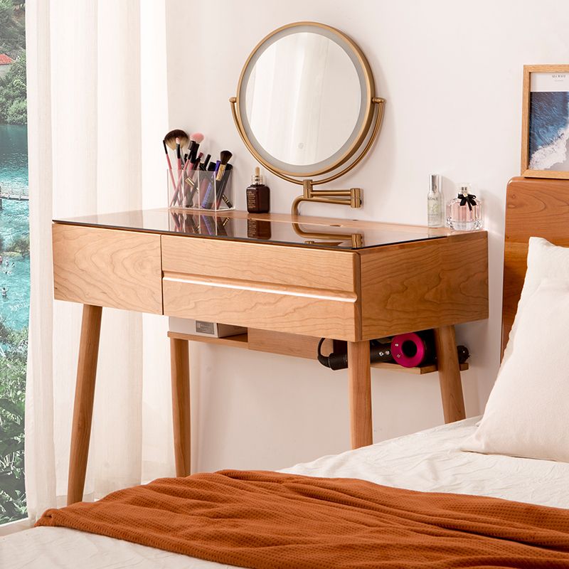 Wood and Glass Makeup Vanity Set With Mirror Standing Vanity Table