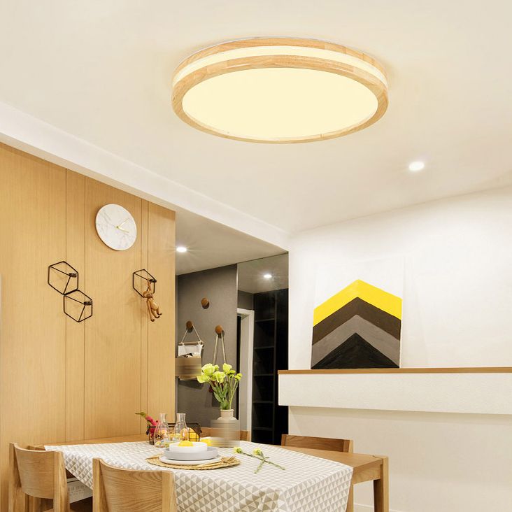 Round Shape Wood Flush Ceiling Light Modern Style 1 Light Flush Mount Lighting in Brown