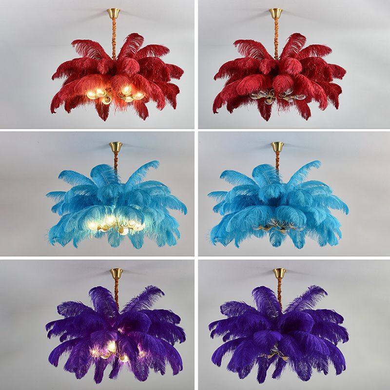 Ostrich Feather Ceiling Chandelier Modern Nordic Creative 6 Light Hanging Ceiling Light for Bedroom
