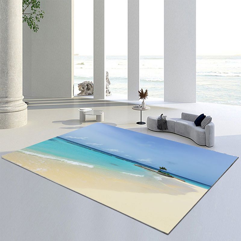 Blue Modern Rug Beach Pattern Polyester Rug Washable Rug for Living Room