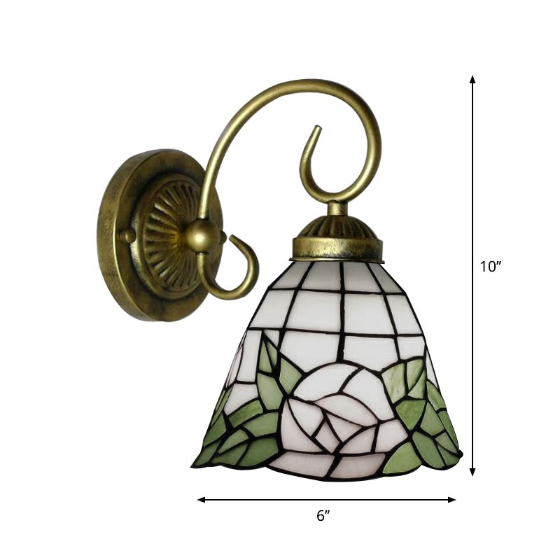 Green Bell Wall Light Fixture Tiffany 1 Head Stained Glass Sconce Light with Rose Pattern